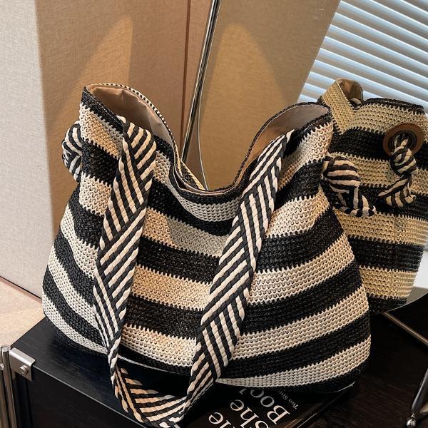 夏季流行条纹编织草编包女大容量海边休闲度假沙滩单肩斜挎托特包