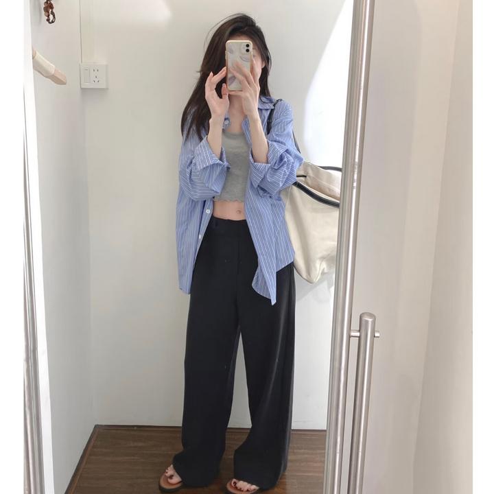 小众百搭高级感气质韩系洋气减龄蓝色条纹长袖衬衫阔腿裤套装女