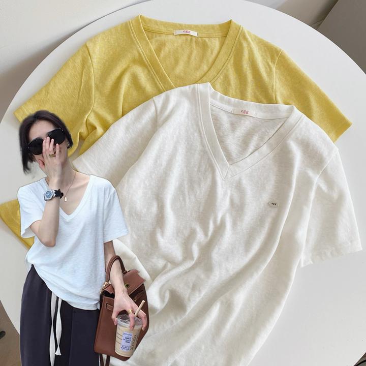 【egg麻棉t恤】夏季薄款微透麻棉V领短袖抗皱极简女装圆领宽松T恤