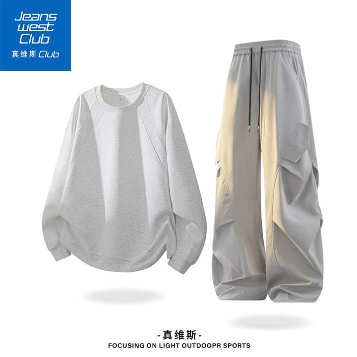 真维斯club2025秋季新款圆领卫衣男美式简约潮流休闲宽松运动套装