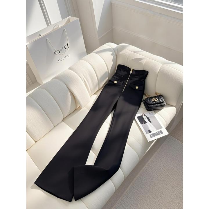 黑色微喇裤子2026春装新款独特超好看气质高腰显瘦窄版拉链长裤女