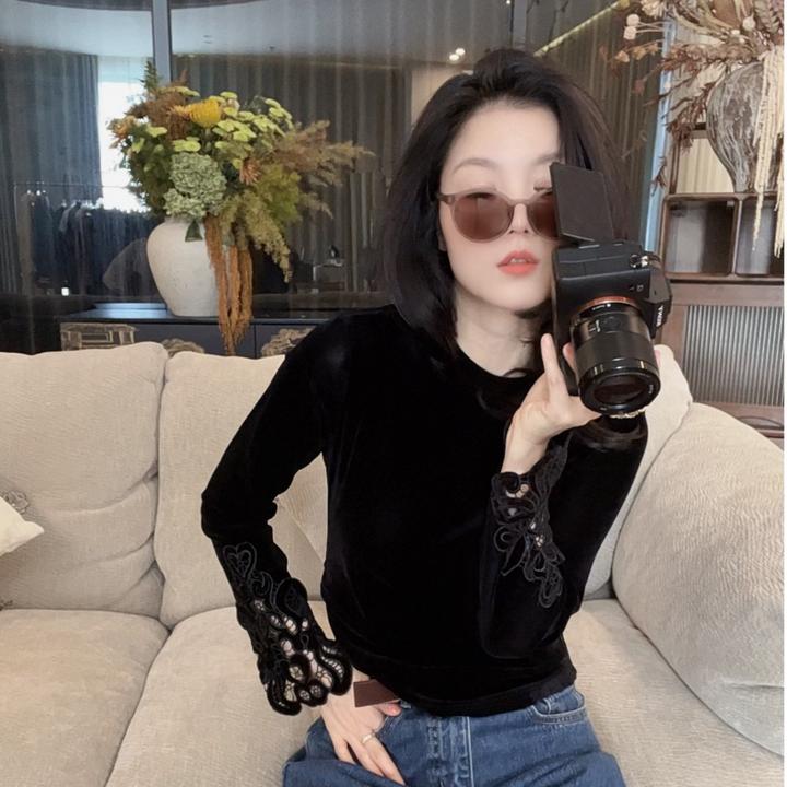 【悦悦专属】蕾丝绮梦早秋蕾丝手袖亲肤百搭丝绒上衣Y1011