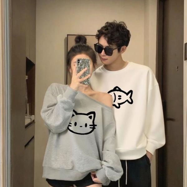 情侣装卫衣秋冬季新款一男一女斜肩纯棉卫衣宽松韩版潮流情侣卫衣