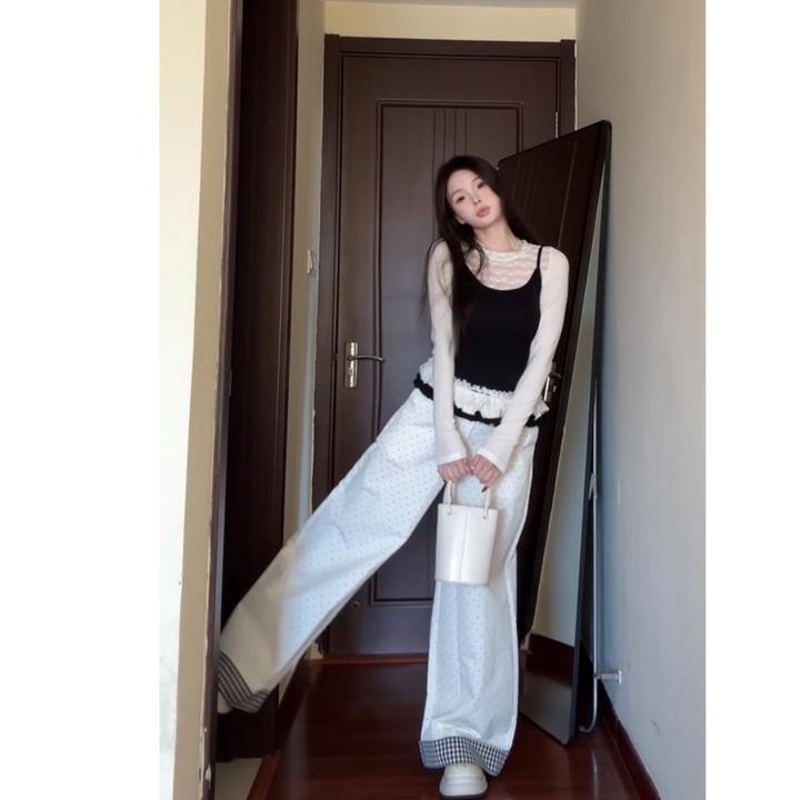 春夏时尚流行新款韩系假两件花边蕾丝吊带上衣休闲小众波点长裤女