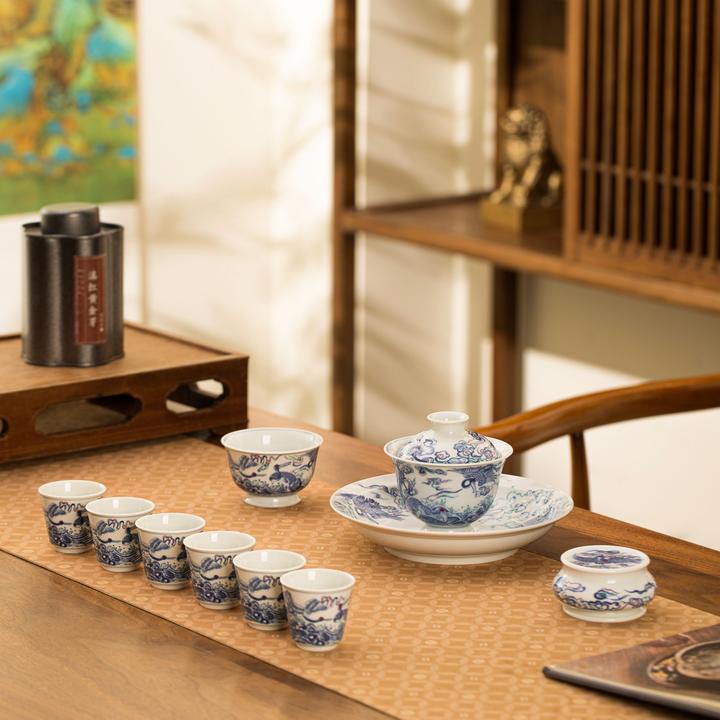 景德镇陶瓷釉下彩瑞鹤呈祥二才盖碗茶杯高温陶瓷泡茶仿古泥茶具