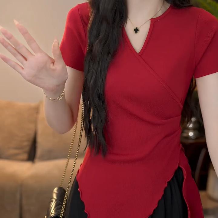 【绵绵芝士】设计感小众不规则下摆短袖针织衫女