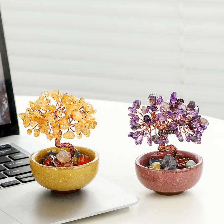 纯手工黄水晶摇钱树装饰创意发财树家居客厅摆设办公室桌面摆件