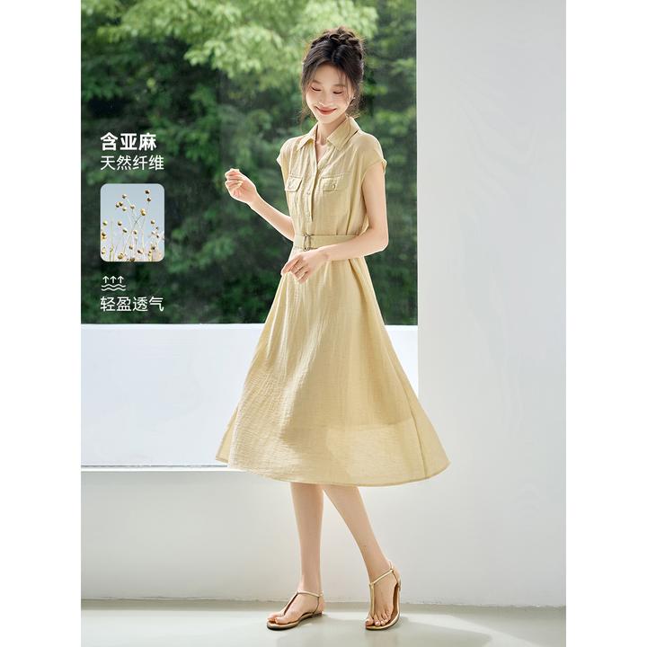 沫晗依美【高智气韵】25夏季新款含麻无袖系带收腰显瘦百搭连衣裙