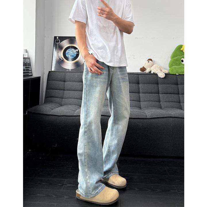 复古蓝微喇叭牛仔裤男款高街美式简约vibe窄版直筒裤cleanfit裤子