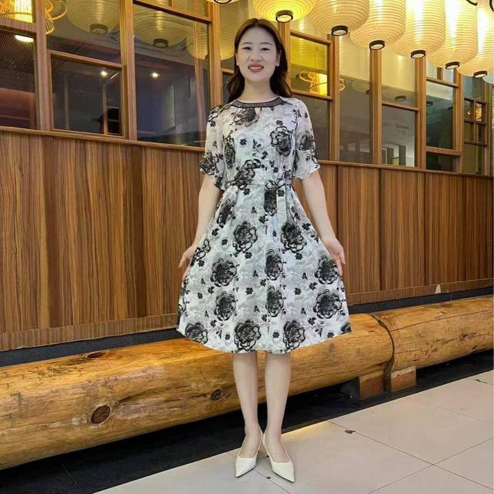 2025夏季新款时尚短袖连衣裙女气质系带收腰显瘦中长印花休闲裙子