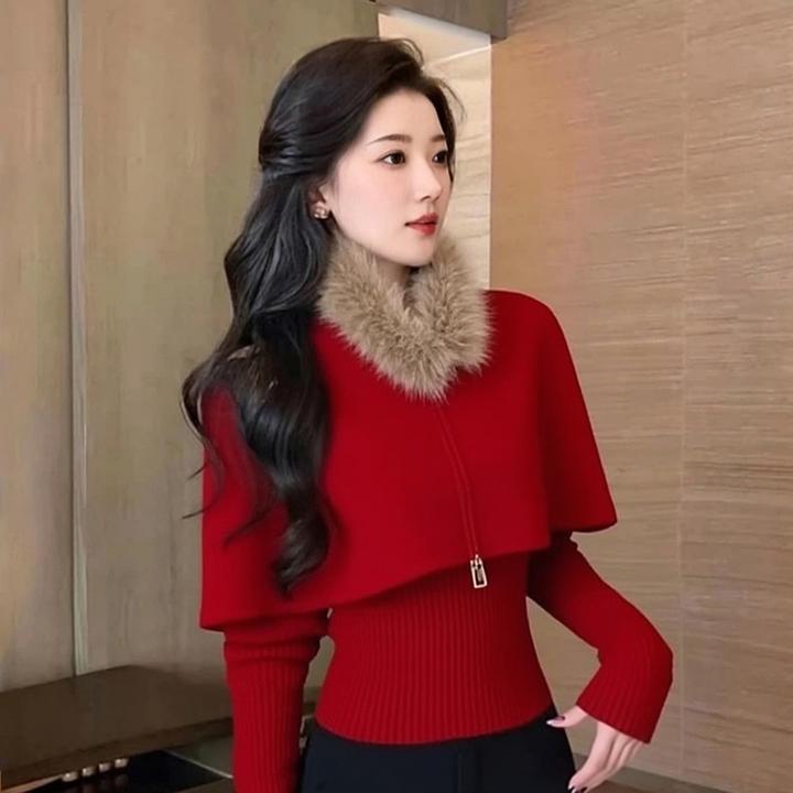 圣诞新年氛围感穿搭独特漂亮气质高端红色斗篷毛衣针织衫叠穿套装