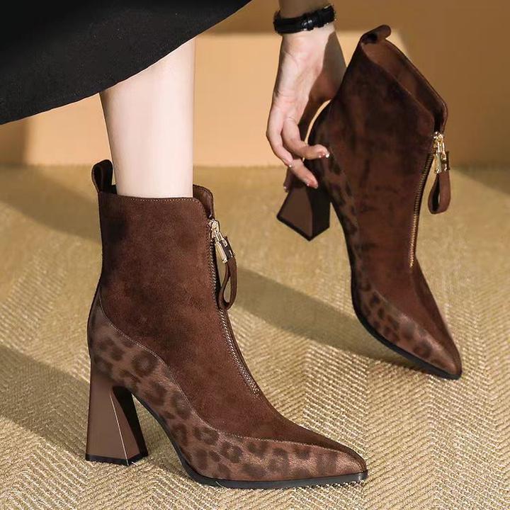 马丁靴2025年新款冬季拼色高跟鞋女粗跟尖头前拉链短靴女英伦风