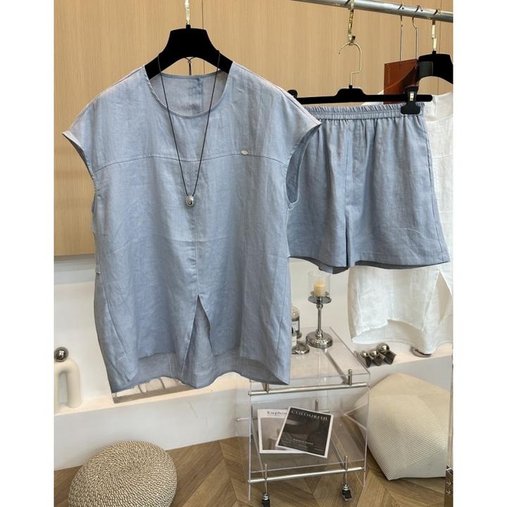 高端设计欧货夏新款简约时尚飞飞袖背心衬衫上衣松紧腰短裤套装女