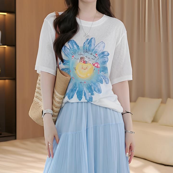 花朵印花百搭宽松圆领显瘦气质时尚T恤2025夏季新款圆领气质上衣