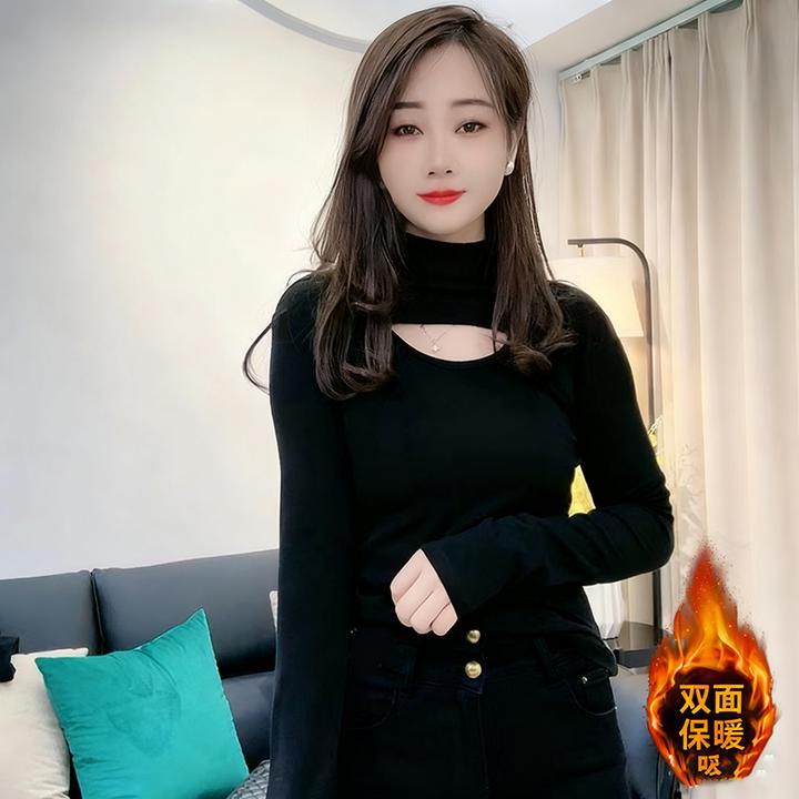 白色秋冬新款长袖T恤女德绒半高领显瘦镂空上衣保暖百搭内搭打底