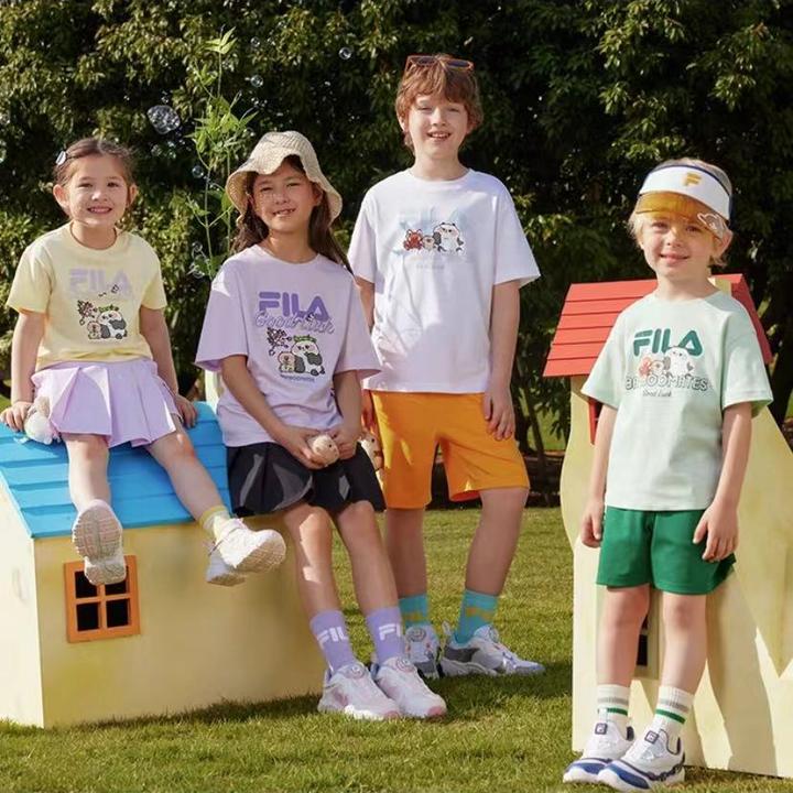 【亲肤】Fila斐乐儿童新款短袖男女童欧若风全码多彩T恤套装