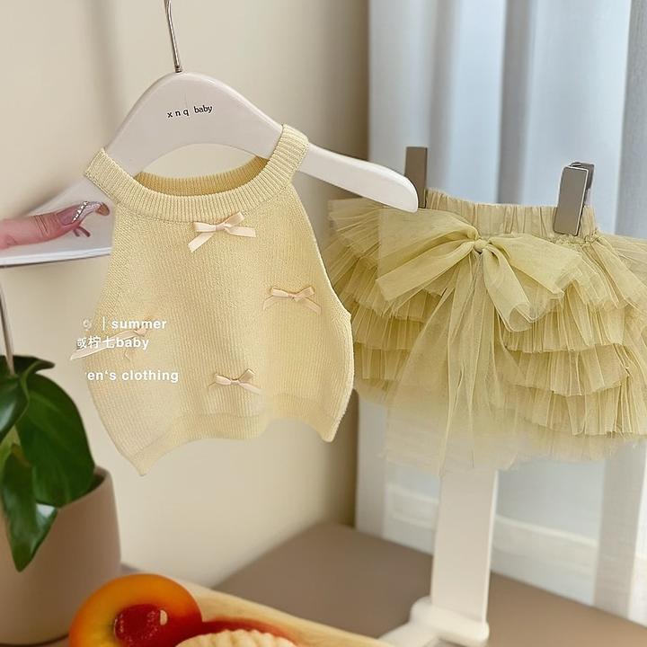 女童夏季套装2025新款韩范儿童黄色吊带背心网纱蓬蓬短裙两件套潮
