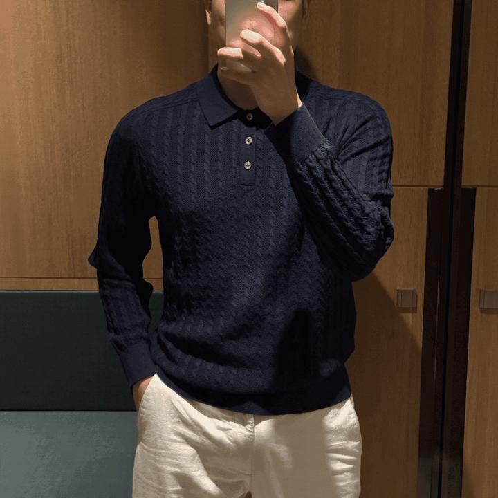 修身型Polo衫纯色美式休闲风纽扣秋冬季针织男士长袖高品质针织衫