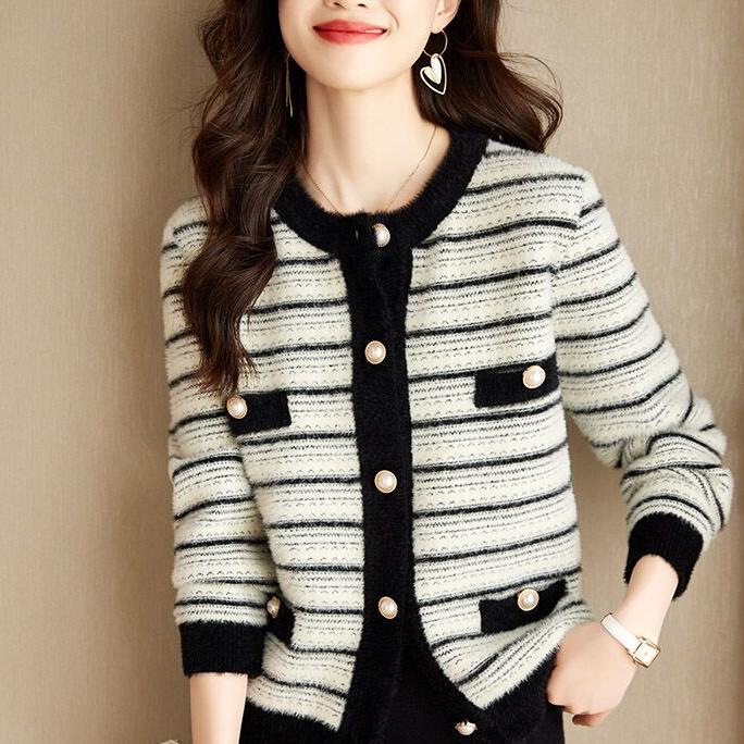 职业阿玛诗官2025春秋新款气质小香风条纹休闲针织开衫毛衣外套女