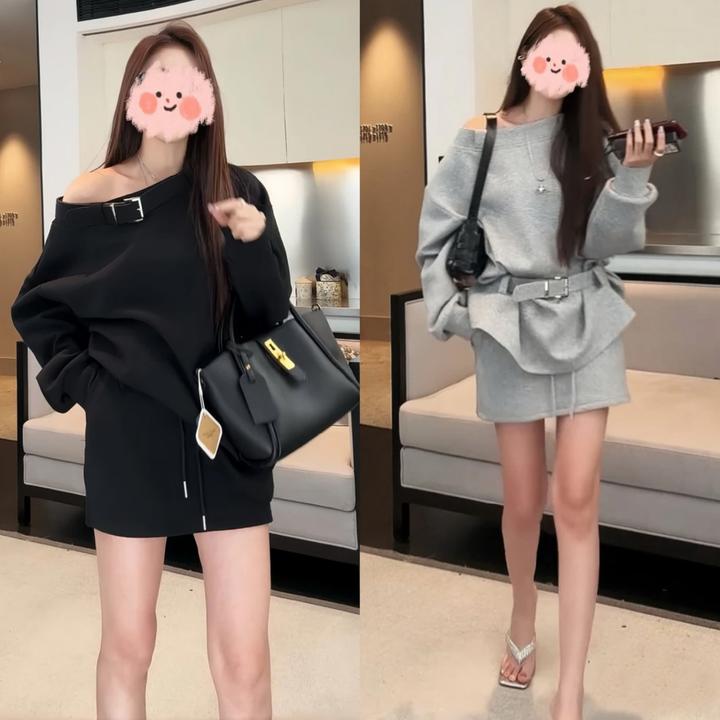 纯欲风时尚运动套装女春季性感露肩斜领卫衣宽松中长款裤裙两件套