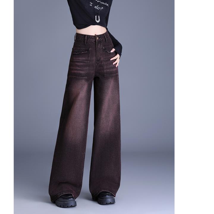 大码复古黑红色直筒牛仔裤2025秋冬新款宽松高腰显瘦垂感拖地阔腿