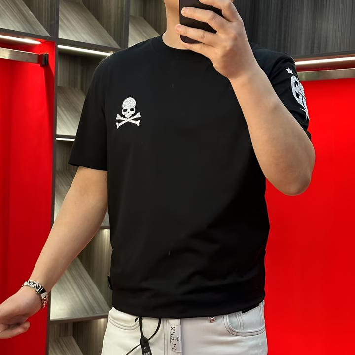 PP正品25新款潮牌液氨棉高品质欧货骷髅头烫钻刺绣潮流T恤衫2569