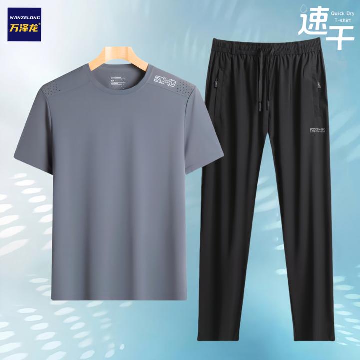夏季中老年冰丝速干短袖套装男士爸爸夏装套装宽松透气短袖男爸爸