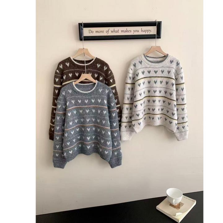 法式复古圆领针织衫女秋季费尔岛提花软糯毛衣宽松长袖慵懒风上衣