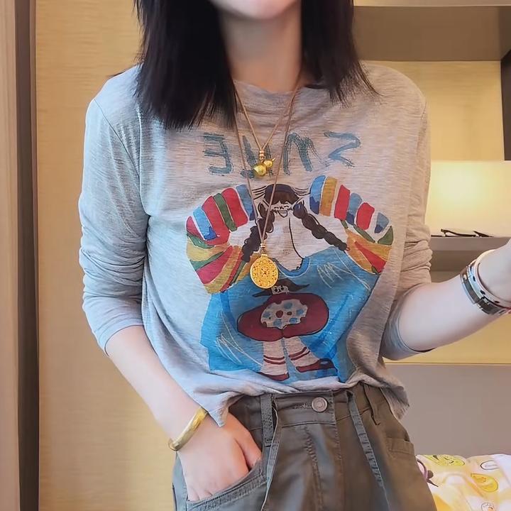 【微笑女孩防晒】夏季薄款长袖t恤印花休闲圆领上衣女LK2503685-1