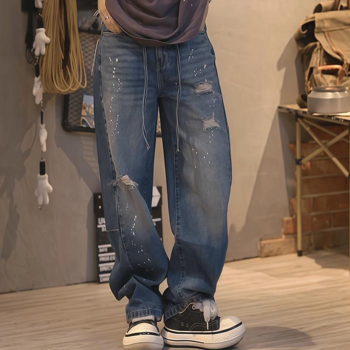 Lahamo/癞蛤蟆AC美式潮牌慵懒破洞潮男女小弯刀宽松牛仔裤3519