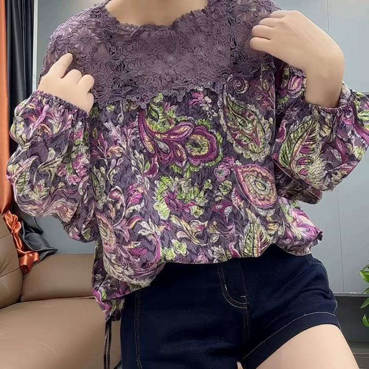 圆领紫色碎花蕾丝拼接长袖t恤雪纺衫女时尚宽松复古民族风上衣新