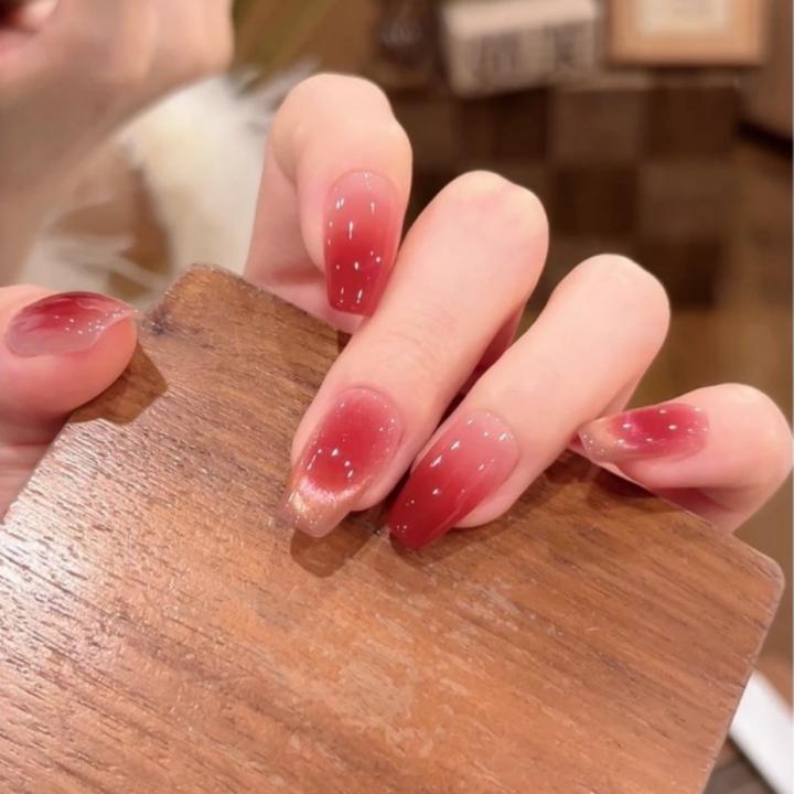 【落日契约】手工穿戴甲可拆卸显白红色猫眼爆闪玻璃珠气质百搭美甲