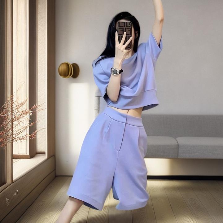 休闲运动套装女夏季2025新款韩版时尚洋气简约百搭短袖短裤两件套