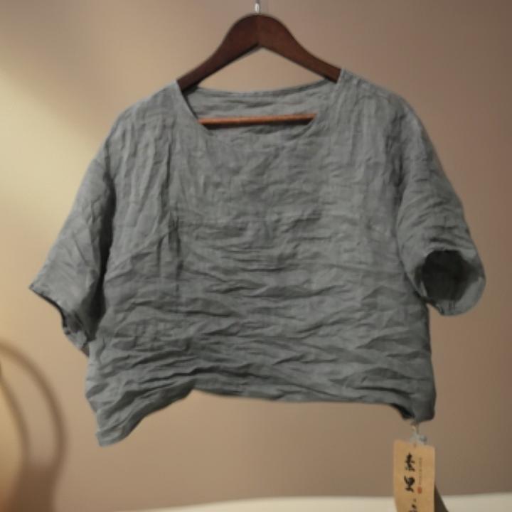 小个子0528圆领拼接宽松苎麻套头小衫衣长50胸围120