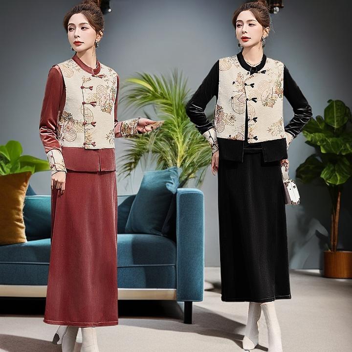 套装女2025春秋新款妈妈时尚洋气高端中式国风马甲上衣裙子三件套