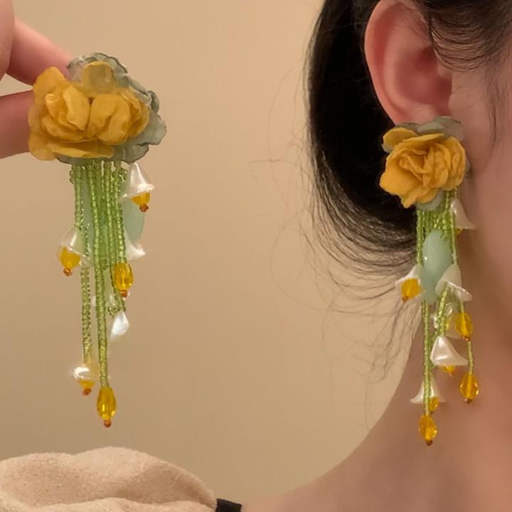 铜合金耳饰 雪纺花朵串珠流苏耳环夏天小众设计夸张耳钉气质耳饰