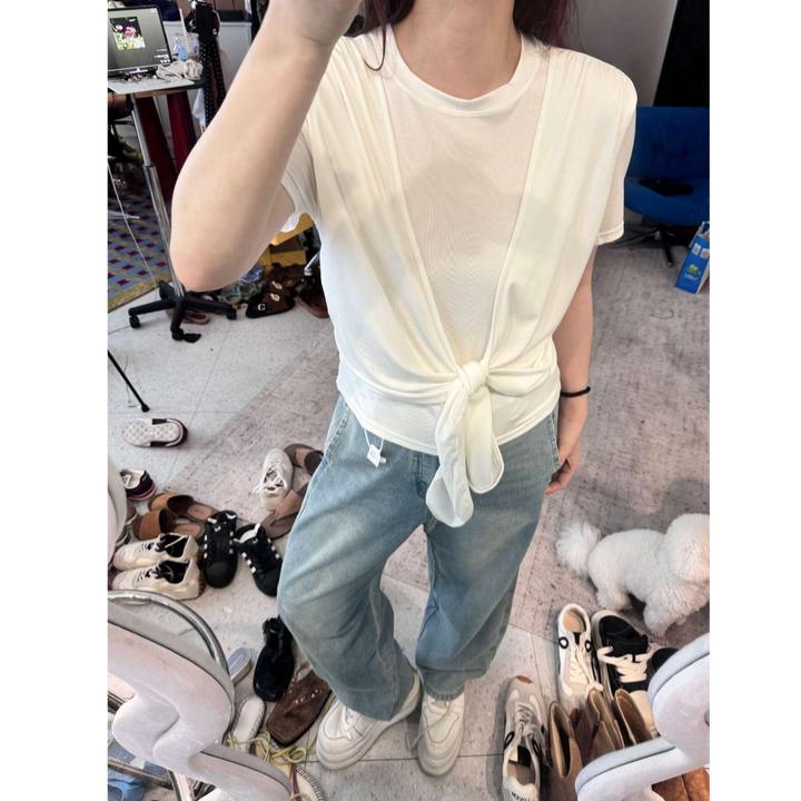 晶咕【午茶小调】设计感假两件休闲下摆绑带打结圆领短袖T恤