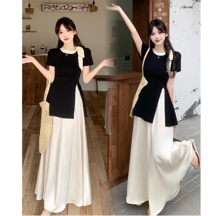 大码夏季新款法式蝴蝶结开叉气质修身上衣+高腰半身裙两件套