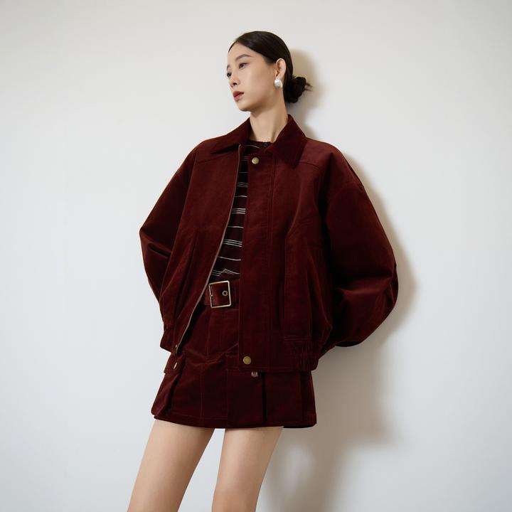 安可拉红复古miu系穿搭巴恩风夹克外套两件套装女休闲穿搭春秋季