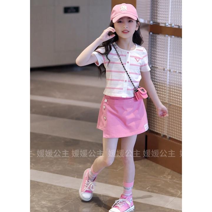媛媛公主2025夏清新凉感薄款条纹T恤裙裤女童夏装套装15450R135