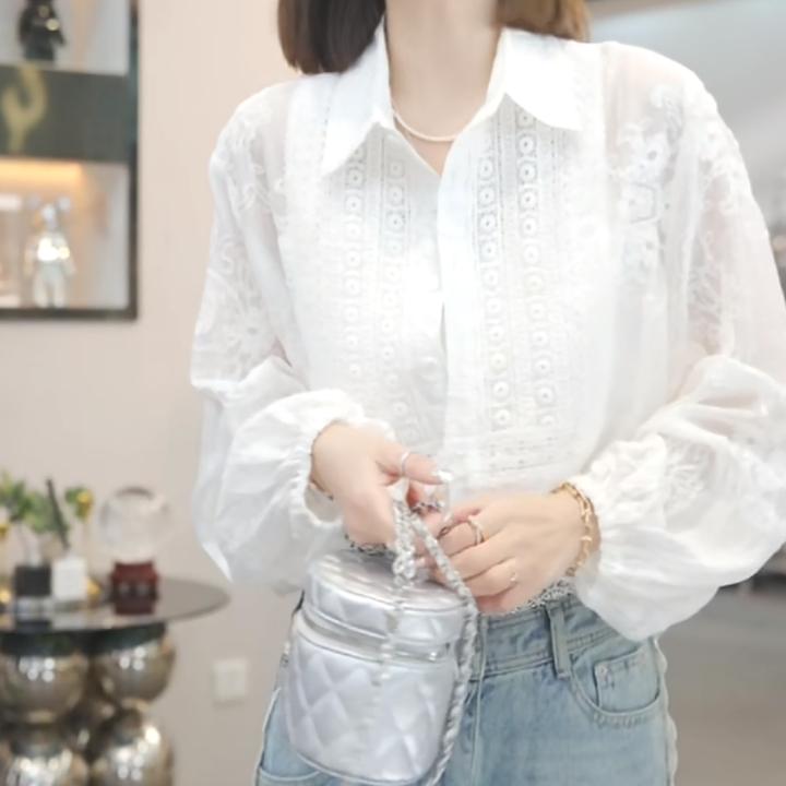 设计感蕾丝刺绣polo领衬衫女2025早春新款时尚休闲气质轻奢衬衣