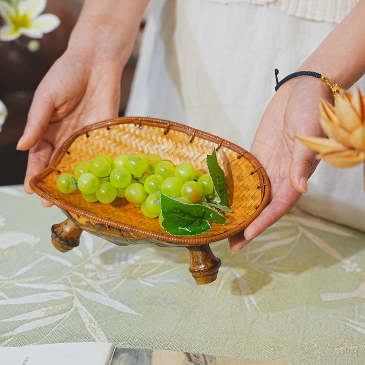 【富甲】龟壳果盘竹编创意摆件家用茶室果盘点心盘