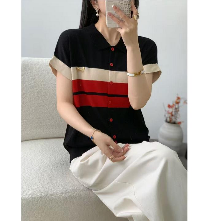 夏季轻奢高级感时尚翻领拼色减龄百搭针织开衫1229