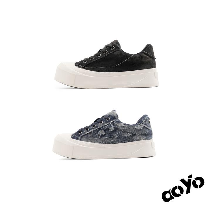 aoyo25SS/”Vintaga“翘头牛仔板鞋 厚底增高百搭米奇大头鞋