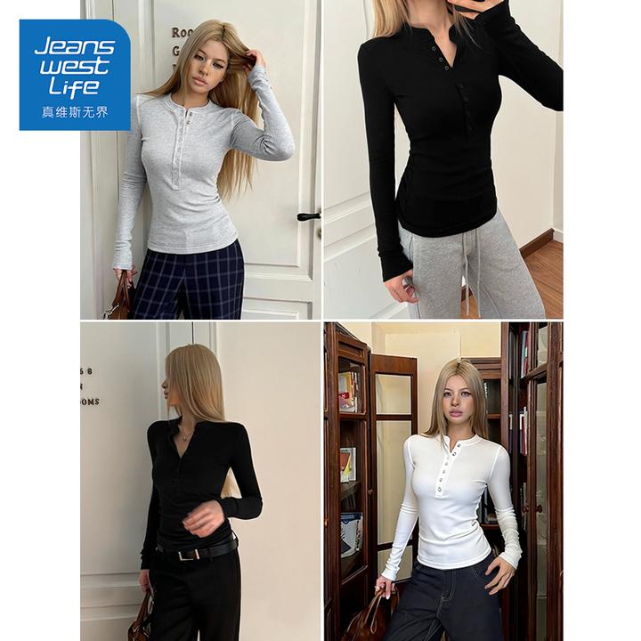 真维斯无界春秋开领罗纹打底衫长袖打底流行爆款修身百搭针织洋气