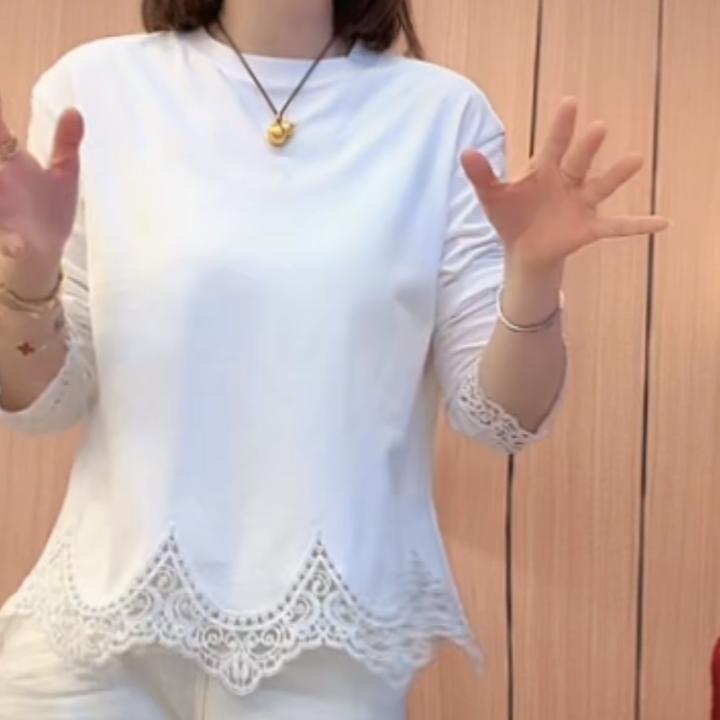 设计感蕾丝拼接长袖T恤女早春2025新款短款法式时尚白色打底上衣