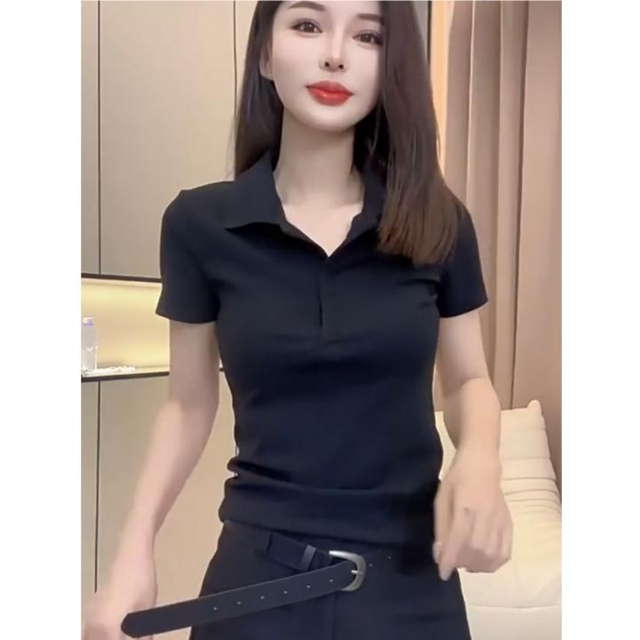 黑色POLO领短袖正肩T恤女夏季螺纹别致漂亮小衫设计感修身上衣潮