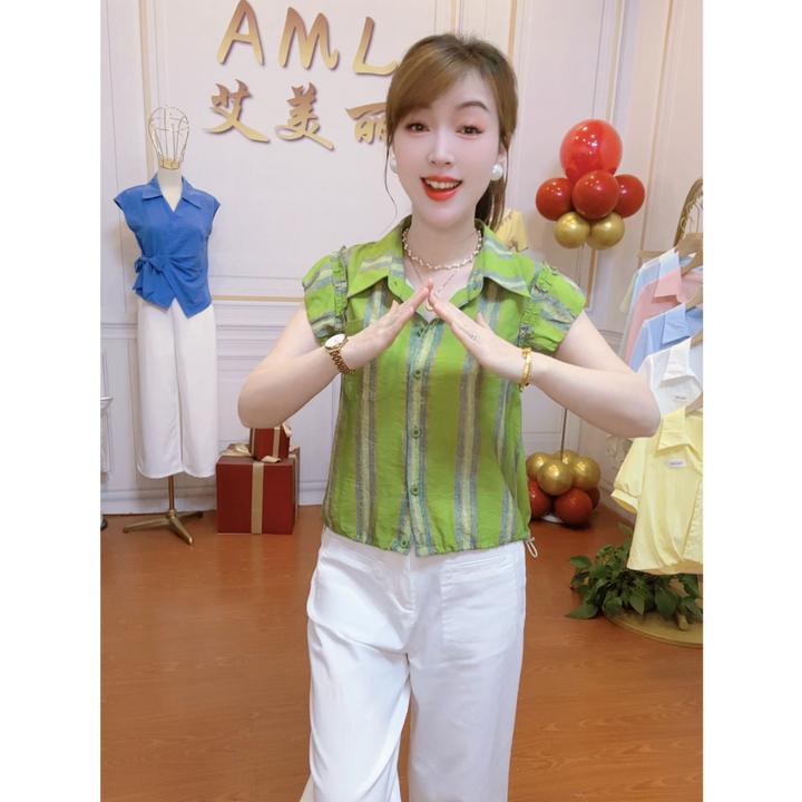 AML5木耳花边袖时尚条纹气质百搭遮肚显瘦高级感花苞型减龄衬衫女