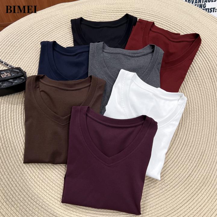 必魅V领套头秋冬女长袖T恤百搭净版打底衫显瘦22350大码女装