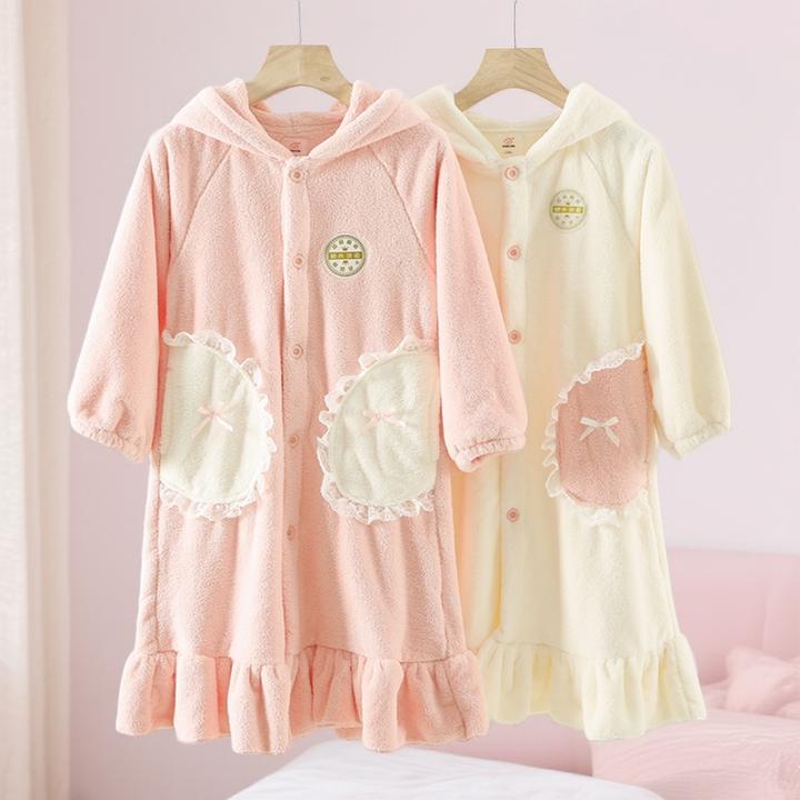 吸水速干女童浴袍秋冬加厚儿童珊瑚绒浴衣中大童宝宝长袖连帽睡袍